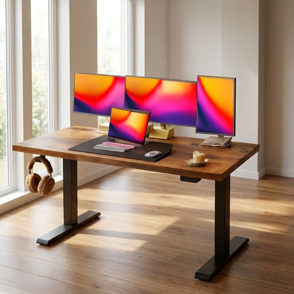 Large electric standing desk with side hooks at standing height in a home office
