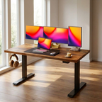 Large electric standing desk with side hooks at standing height in a home office