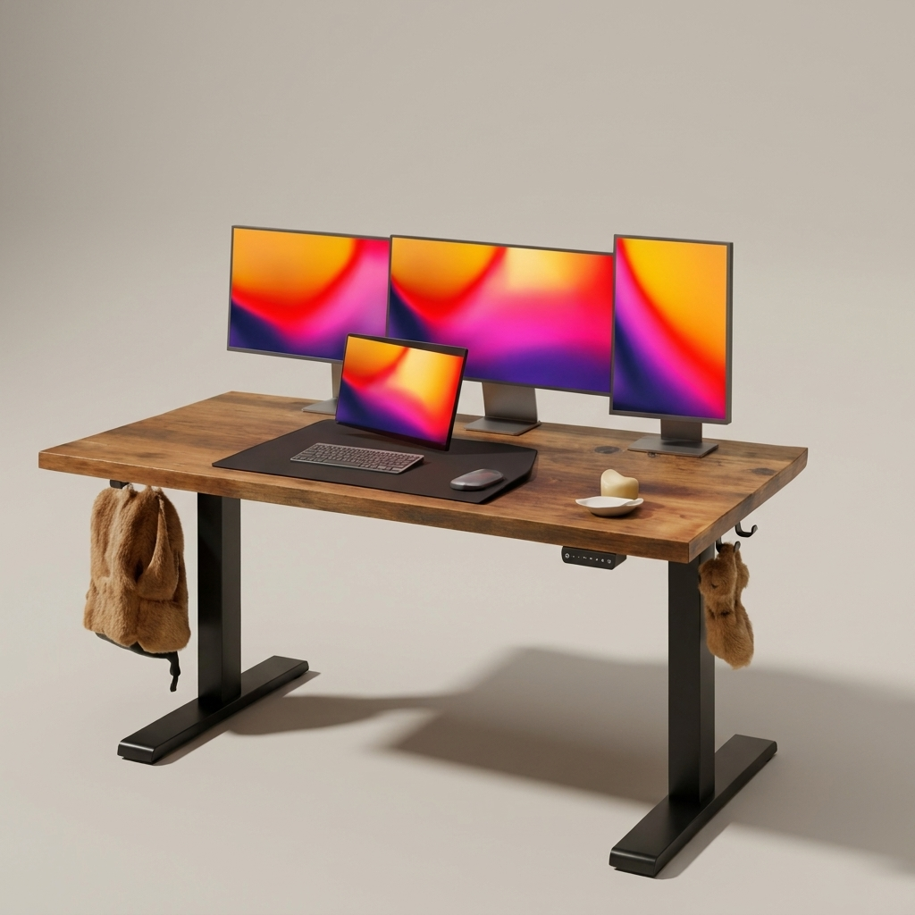 Large electric standing desk with side hooks, studio product shot