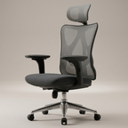 Grey ergonomic office chair with headrest, studio product shot