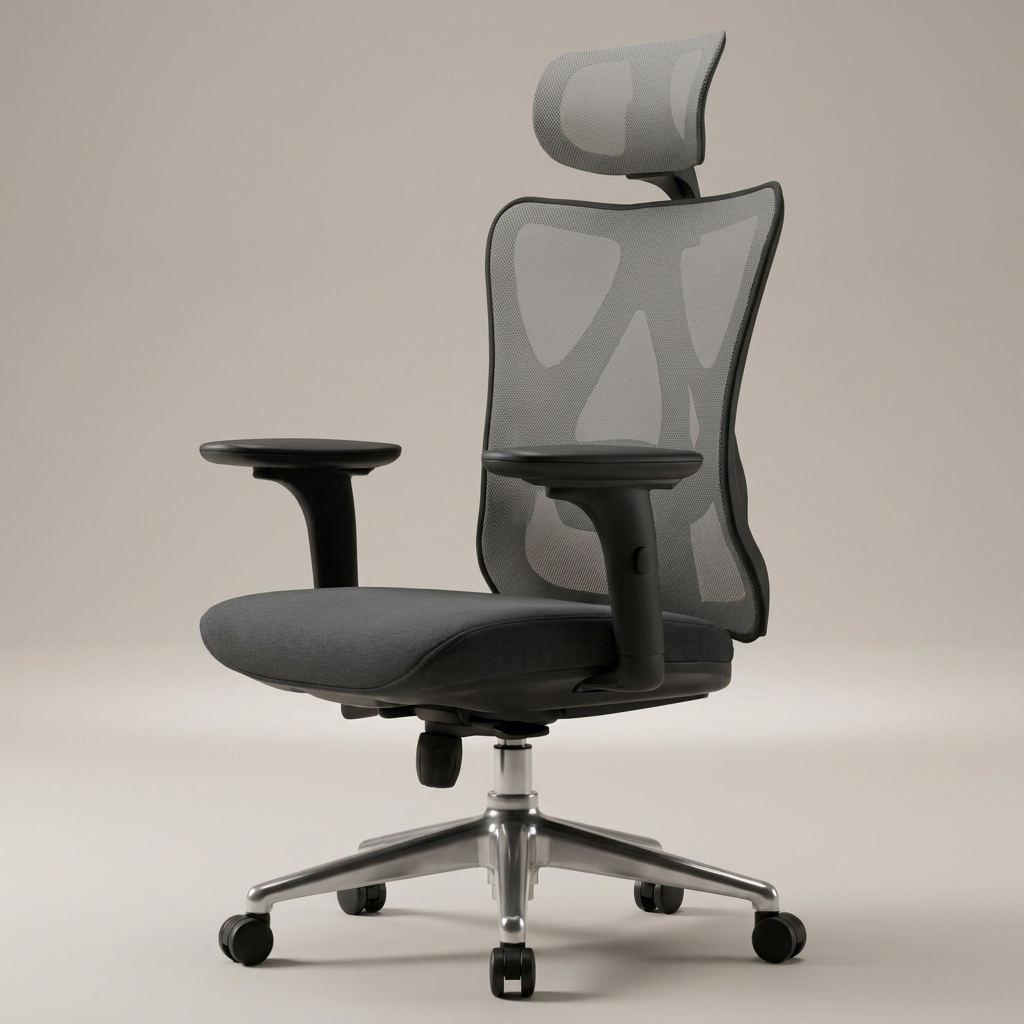 Grey ergonomic office chair with headrest, studio product shot