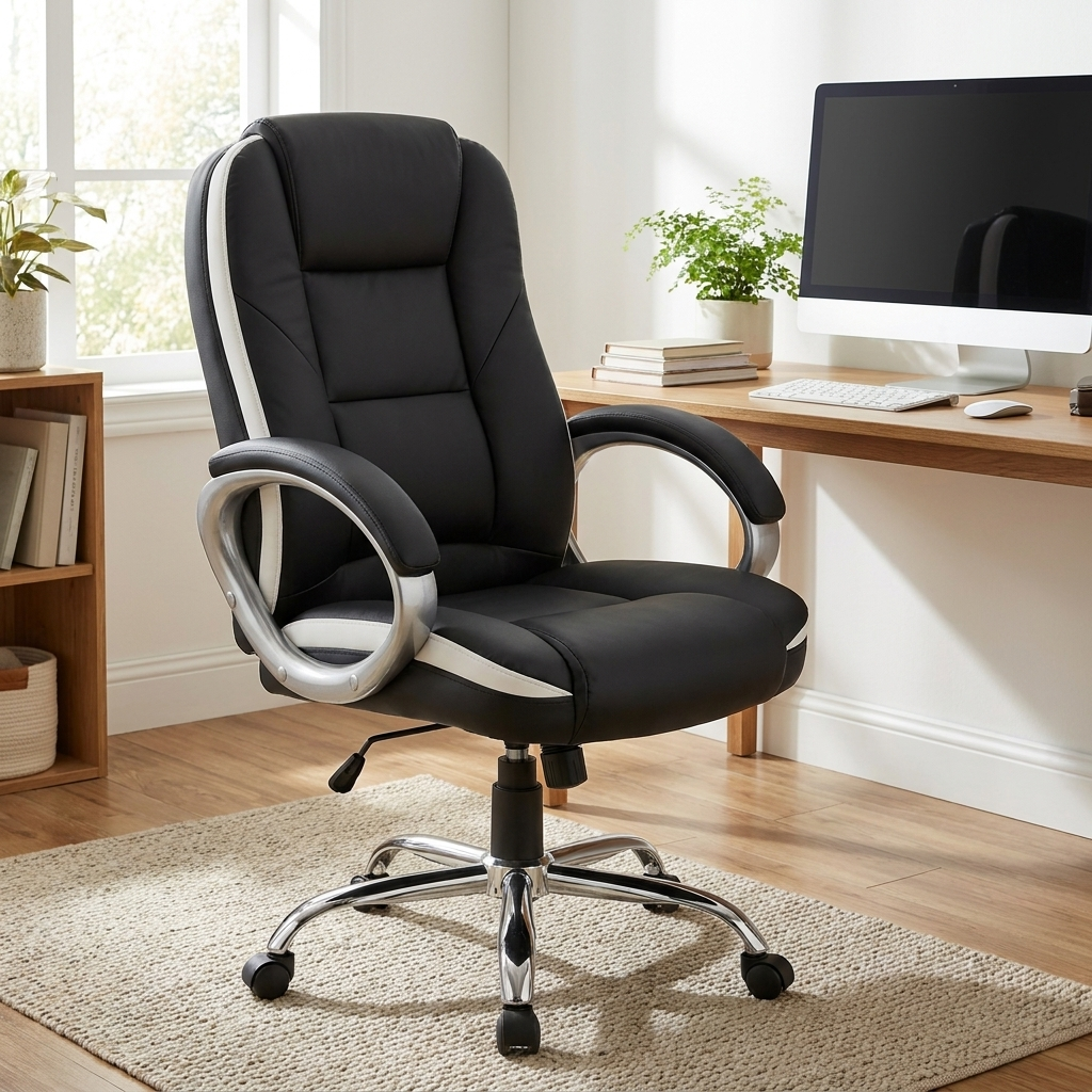 Black leather high-back office chair beside a desk in a home office