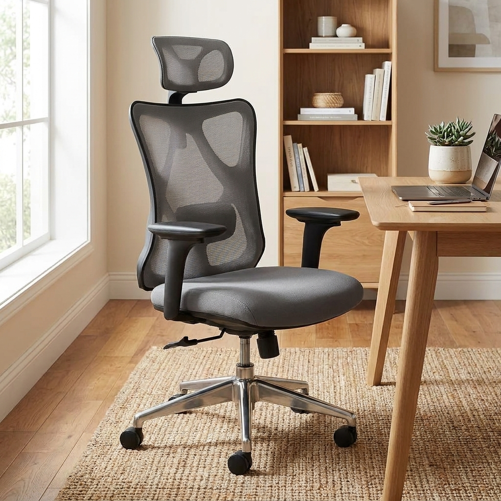 Grey ergonomic office chair with headrest at a desk in a home office
