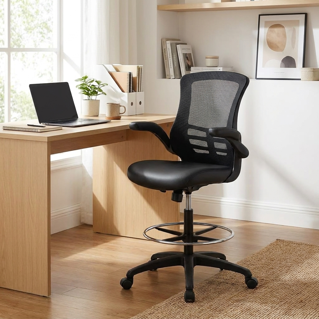Black mid-back mesh office chair with flip-up arms at a desk