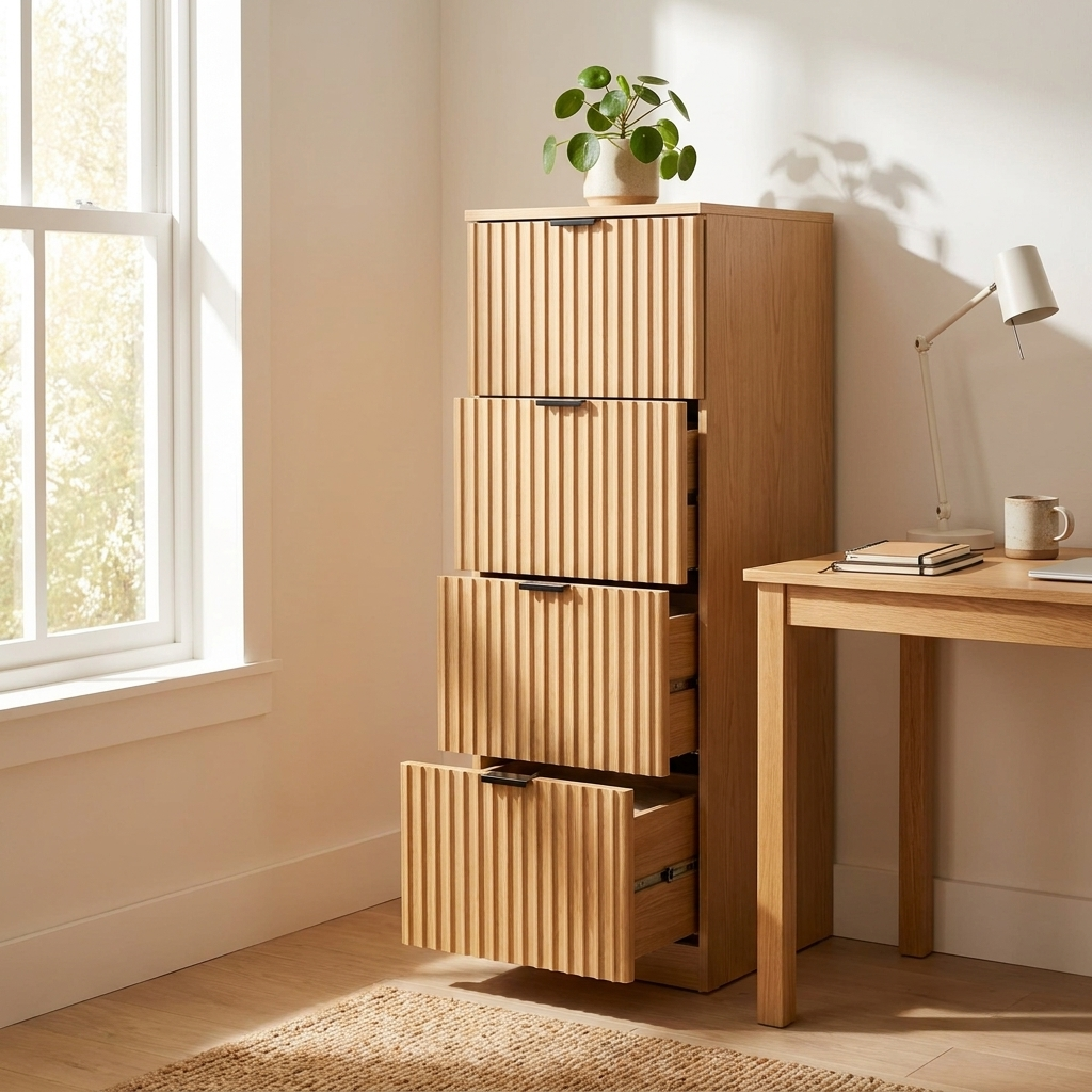 Oak fluted four-drawer filing cabinet beside a desk in a home office