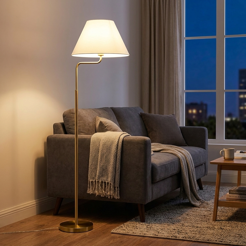 Brass-tone floor lamp with white shade beside a sofa in the evening