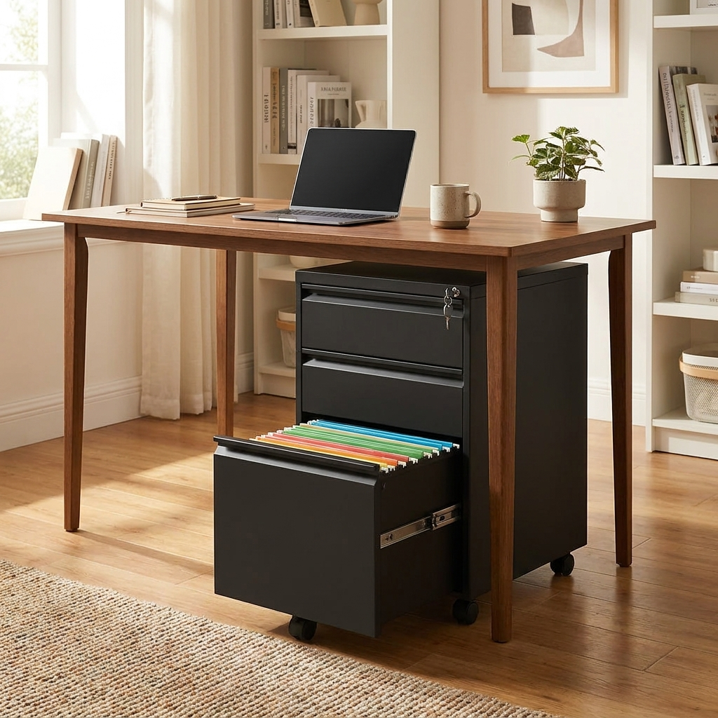 Three-drawer lockable steel rolling filing cabinet under a desk