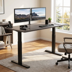 71 inch dark grey electric standing desk at standing height with dual monitors