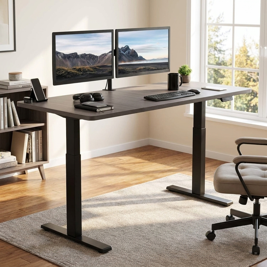 71 inch dark grey electric standing desk at standing height with dual monitors