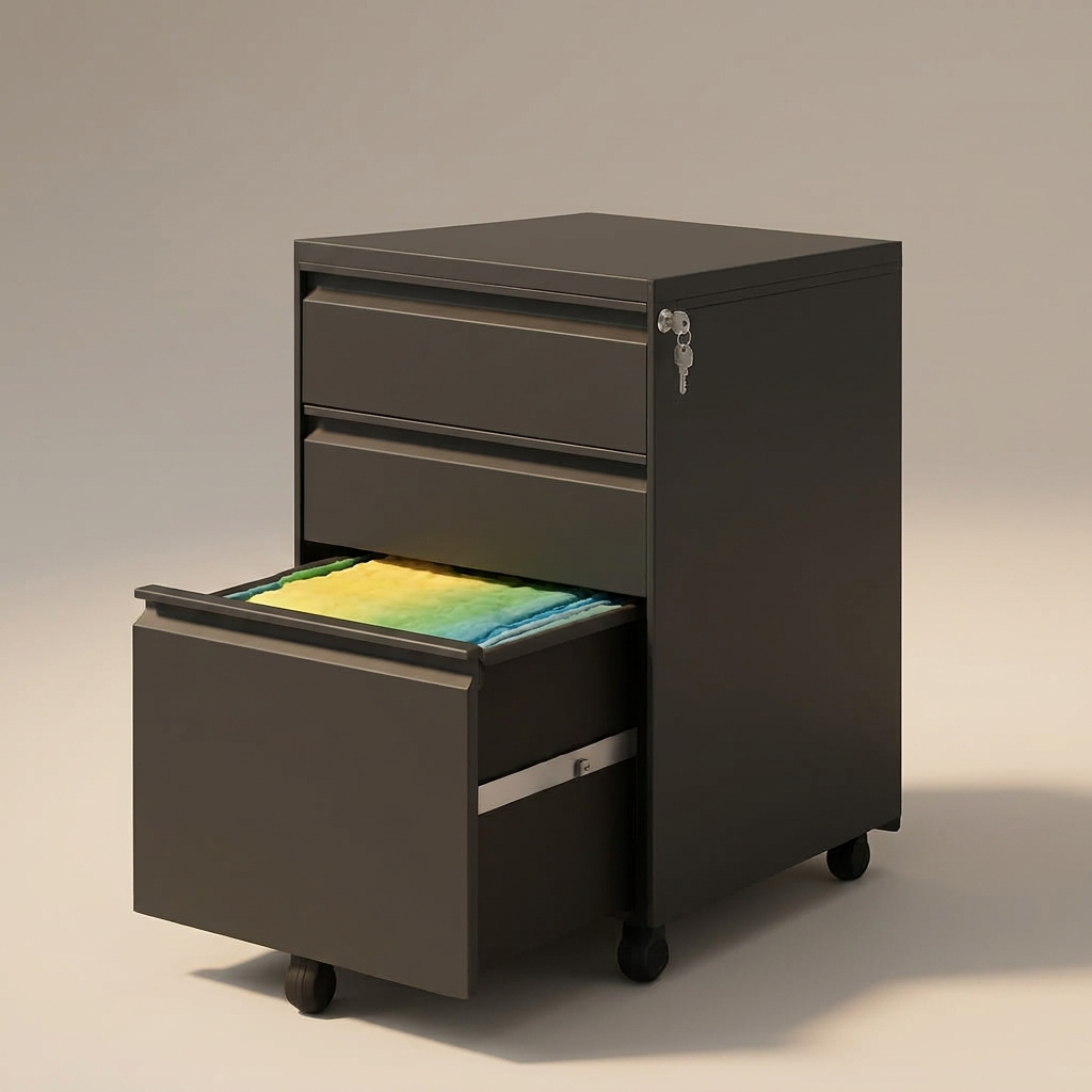 Three-drawer lockable steel rolling filing cabinet, studio product shot