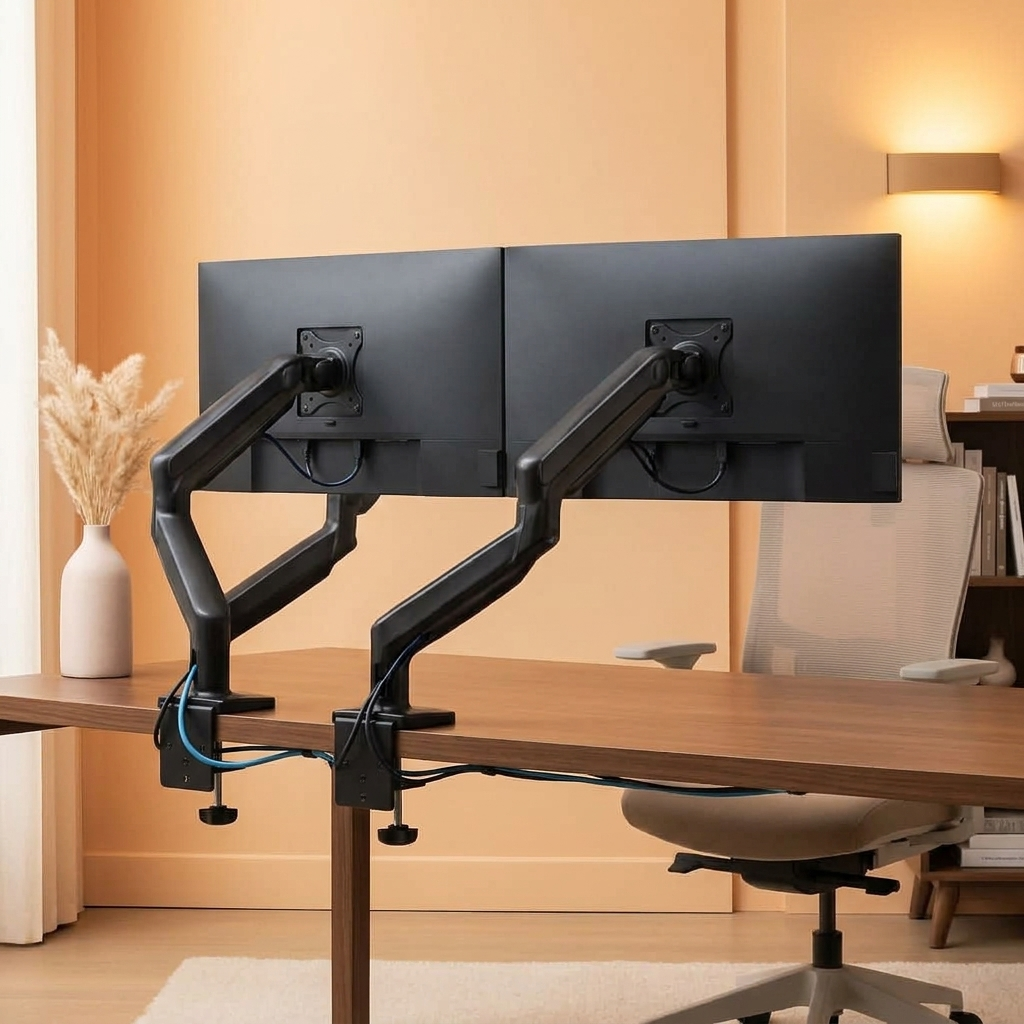 Dual monitor stand holding two screens at eye level on a desk