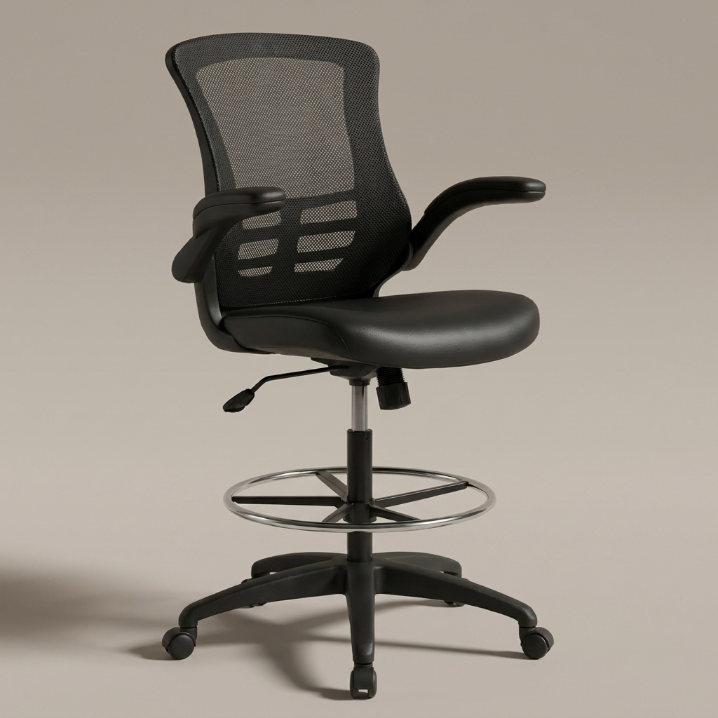 Black mid-back mesh office chair with flip-up arms, studio product shot