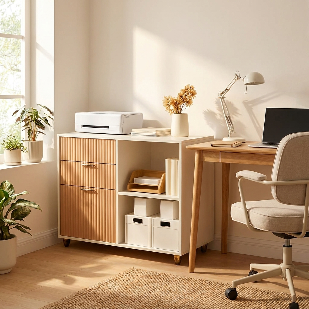 Natural oak mobile filing cabinet with a printer on top beside a desk