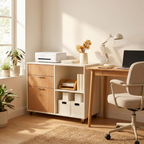 Natural oak mobile filing cabinet with a printer on top beside a desk