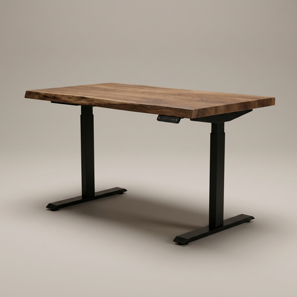 47 inch brown wood-top electric standing desk, studio product shot