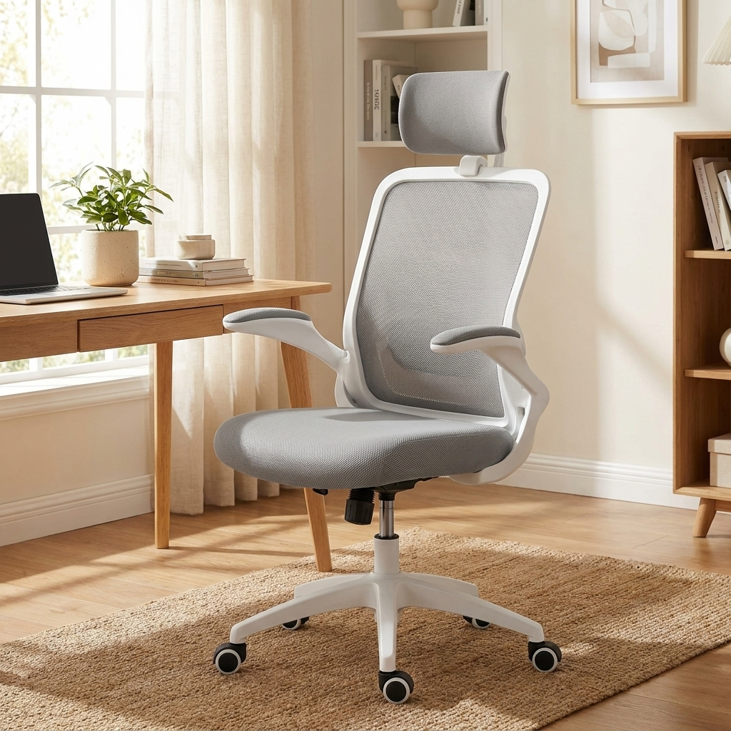 White-frame ergonomic mesh office chair at a desk in a bright home office