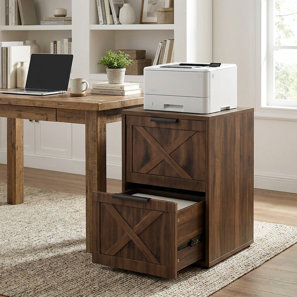 Farmhouse two-drawer wooden filing cabinet beside a desk with a printer on top