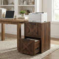Farmhouse two-drawer wooden filing cabinet beside a desk with a printer on top