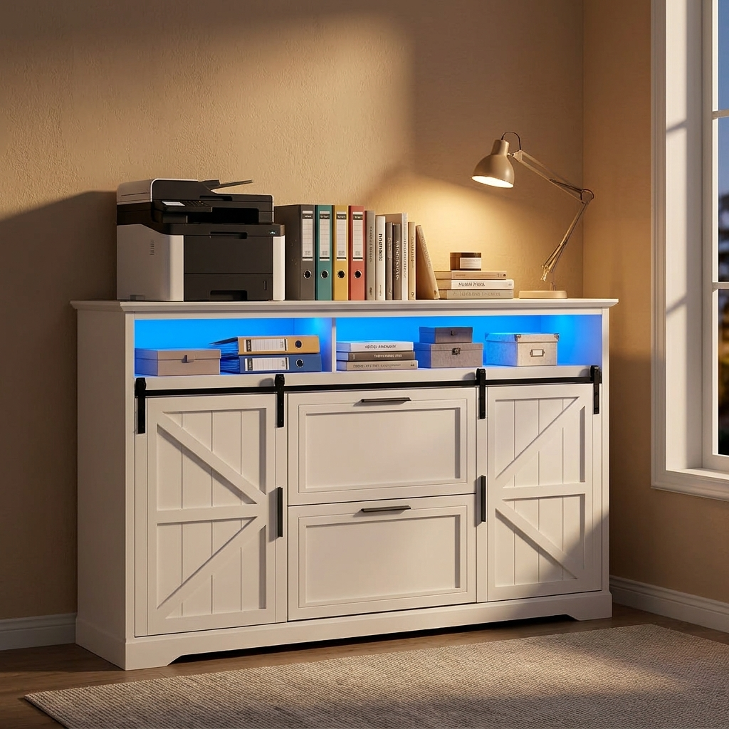 White filing cabinet with sliding doors and shelves in a home office at dusk