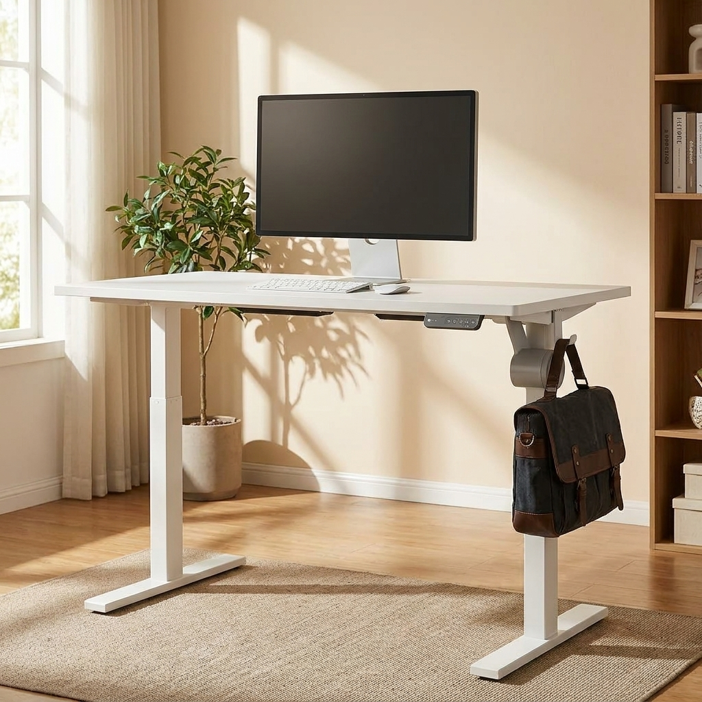 48 inch electric standing desk at standing height with a bag on the side hook