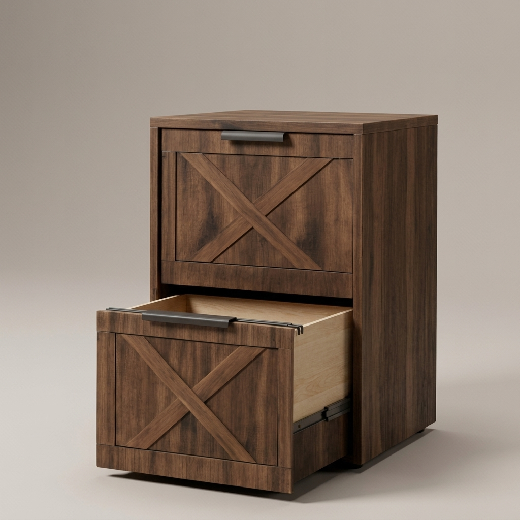Farmhouse two-drawer wooden filing cabinet, studio product shot