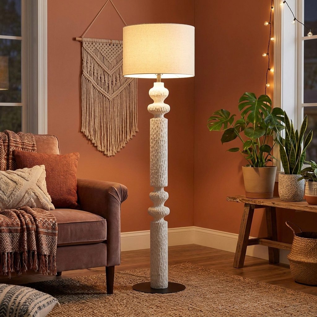 Gold-tone floor lamp with linen shade in a living room corner in the evening
