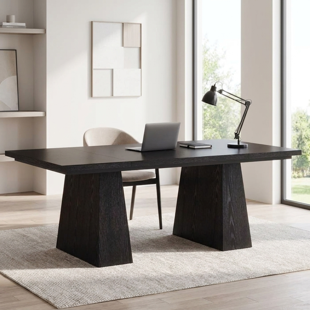 Black dual-pedestal computer desk in a modern home office