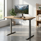 60 by 30 inch electric standing desk at standing height in a studio workspace
