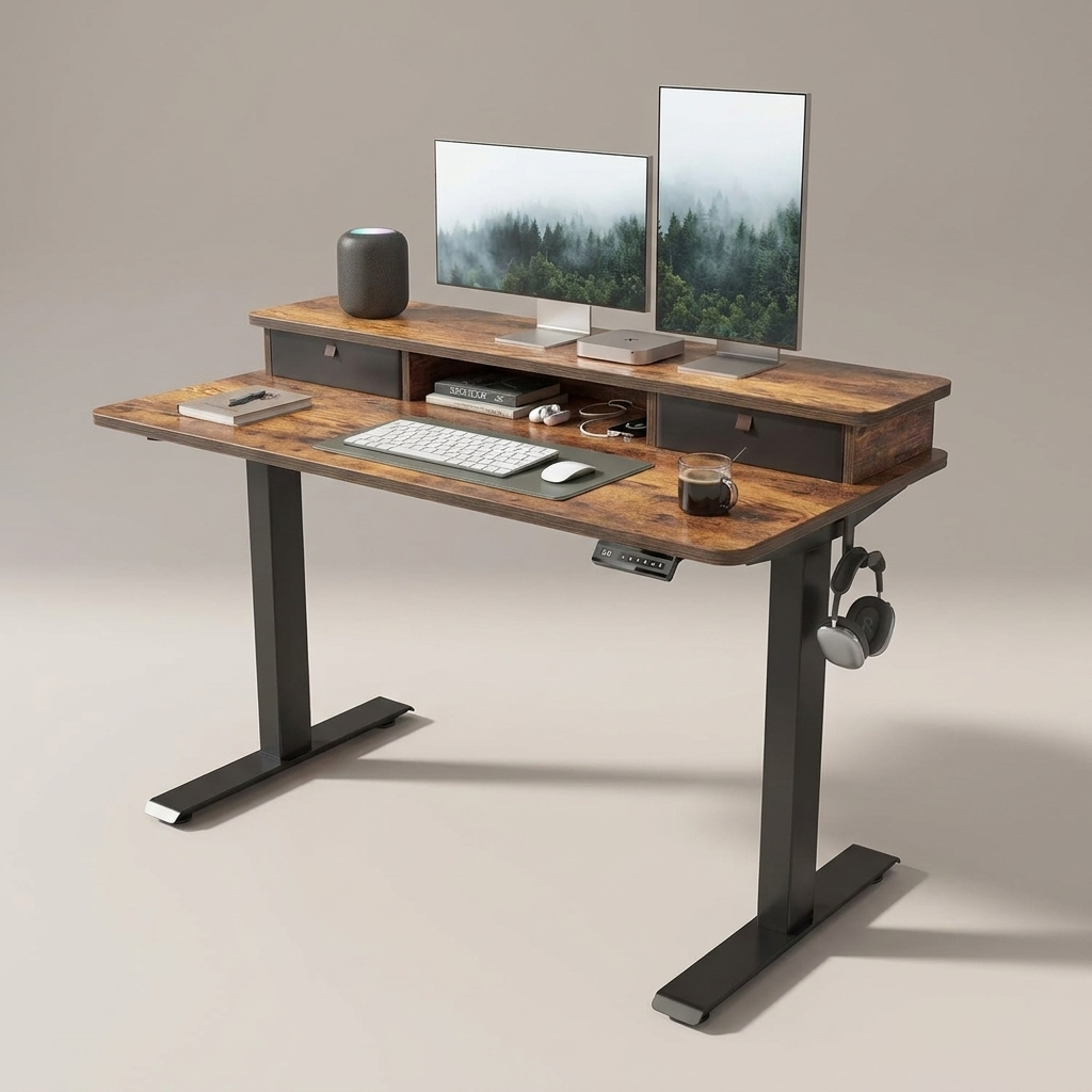 48 inch standing desk with monitor shelf and drawers, studio product shot