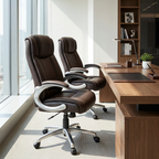 Set of two brown leather executive office chairs at a desk in an executive office