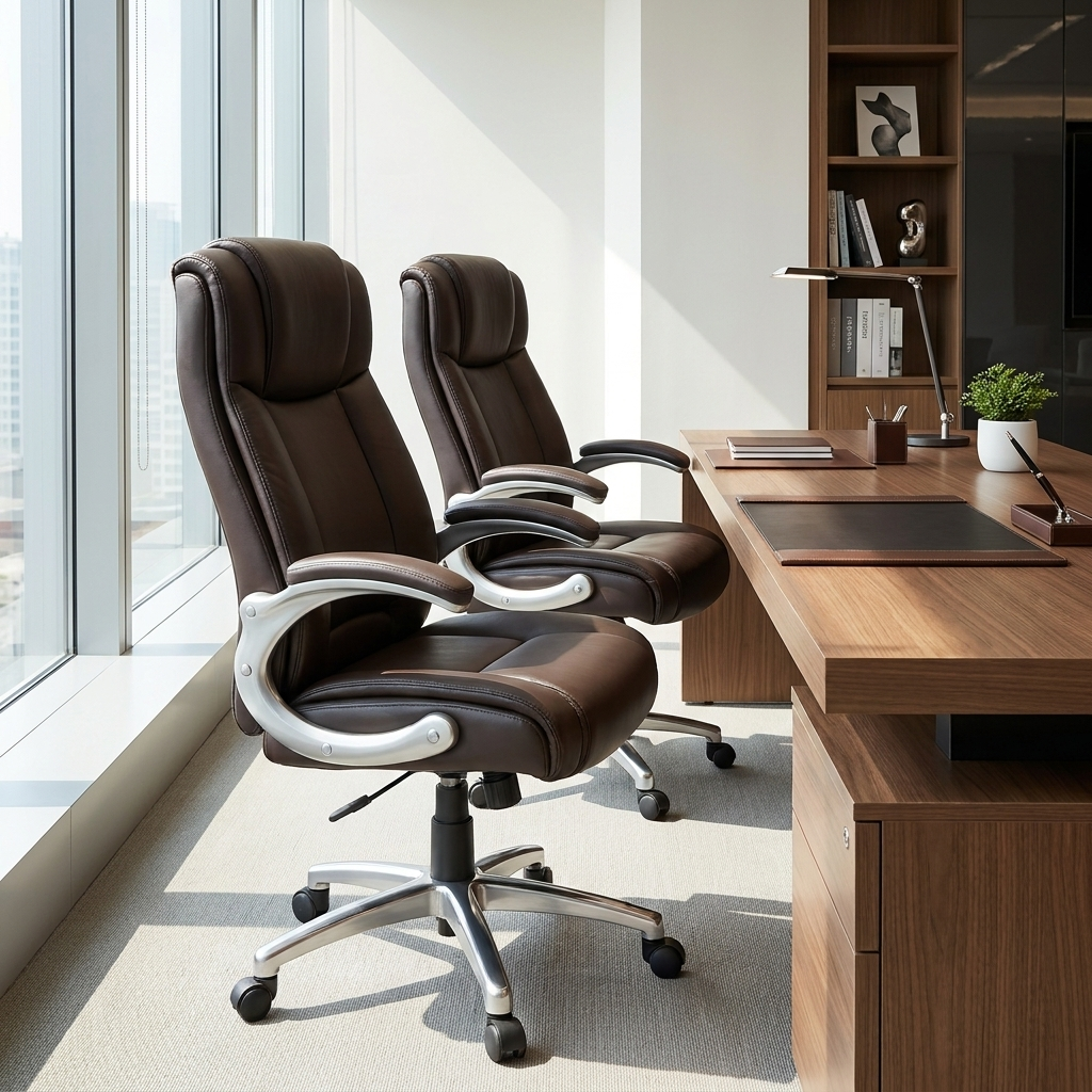 Set of two brown leather executive office chairs at a desk in an executive office