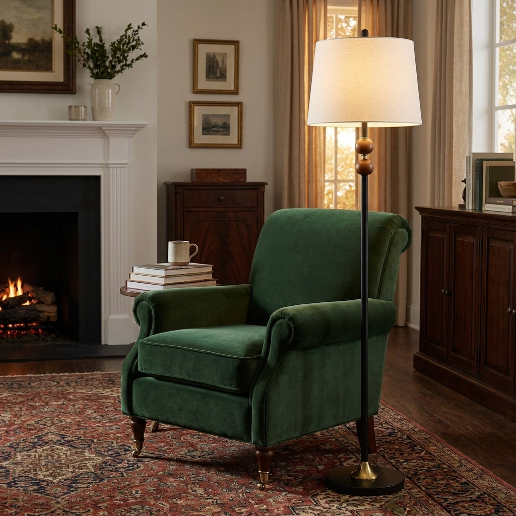 Dark wood floor lamp with linen shade beside an armchair in the evening