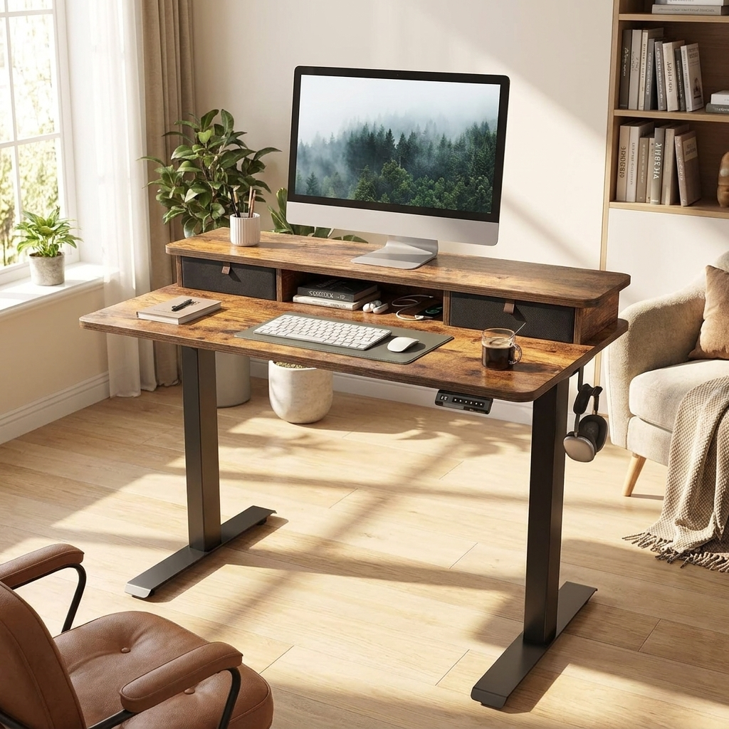 48 inch standing desk with monitor shelf and drawers at standing height in a home office