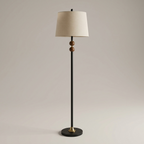 Dark wood floor lamp with linen shade, studio product shot