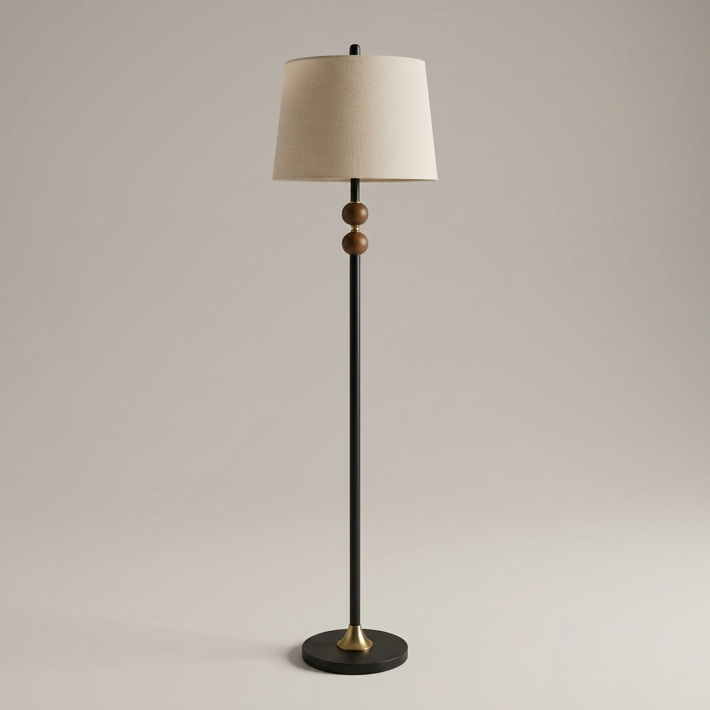 Dark wood floor lamp with linen shade, studio product shot