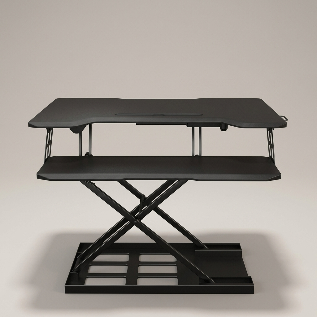 Black sit-stand desk riser, studio product shot