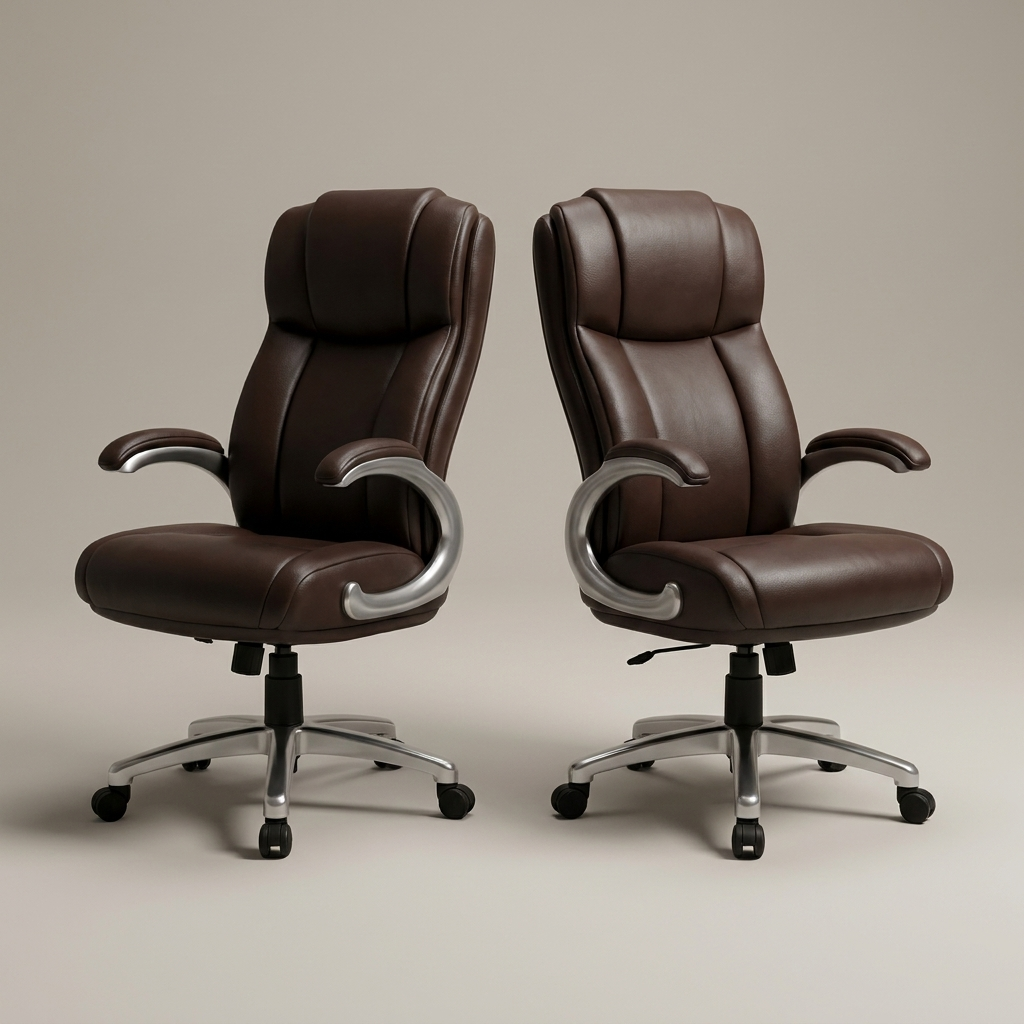 Set of two brown leather executive office chairs, studio product shot
