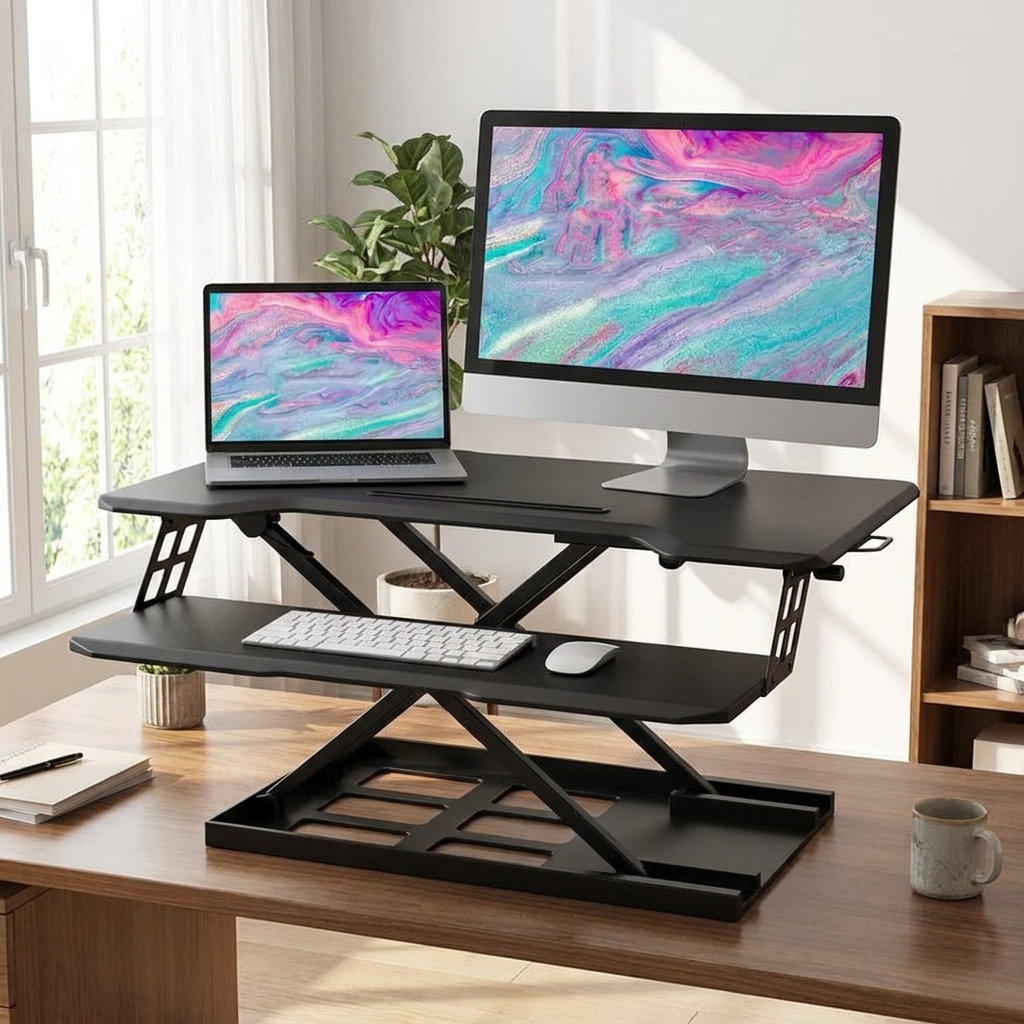 Black sit-stand desk riser raised on a desk with a monitor and laptop