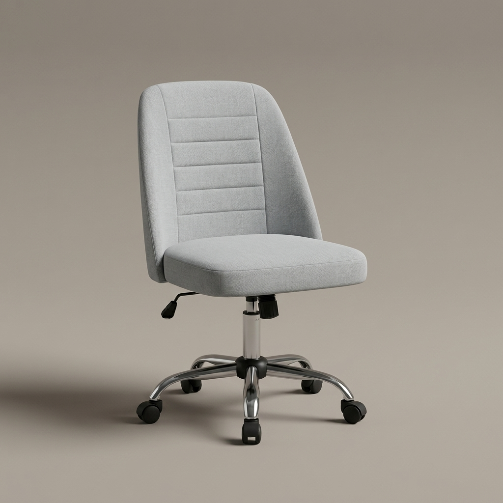 Armless tufted desk chair on wheels, studio product shot
