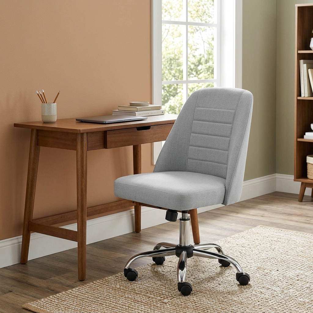 Armless tufted desk chair on wheels at a small desk in a home office corner