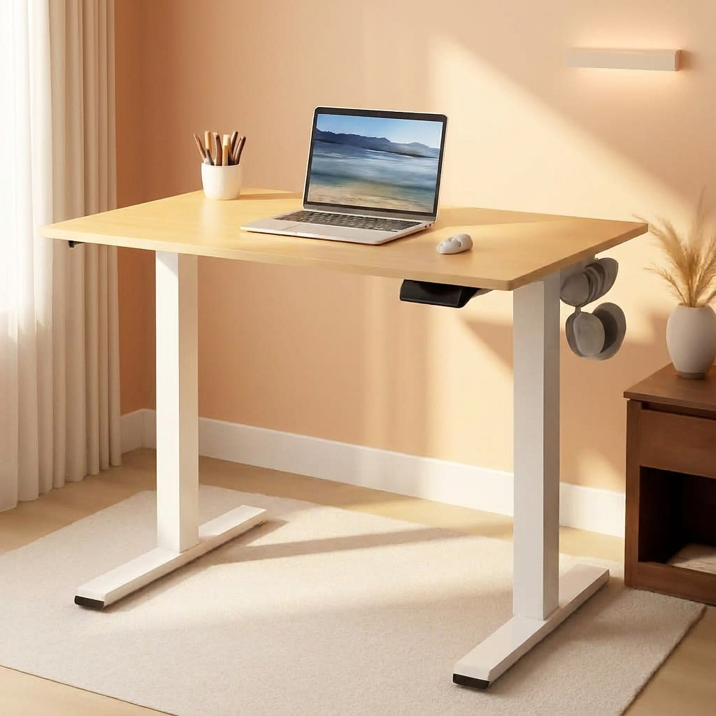 Compact oak electric standing desk at standing height in a small home office