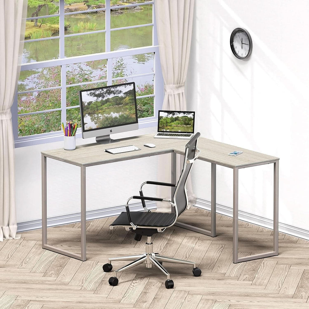L shaped corner desk with a maple top and champagne steel frame