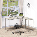 L shaped corner desk with a maple top and champagne steel frame