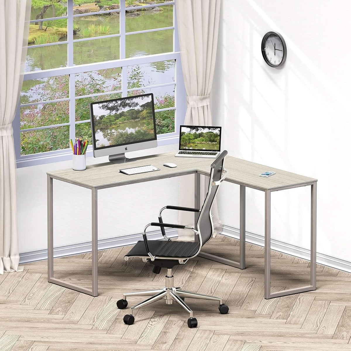 L shaped corner desk with a maple top and champagne steel frame