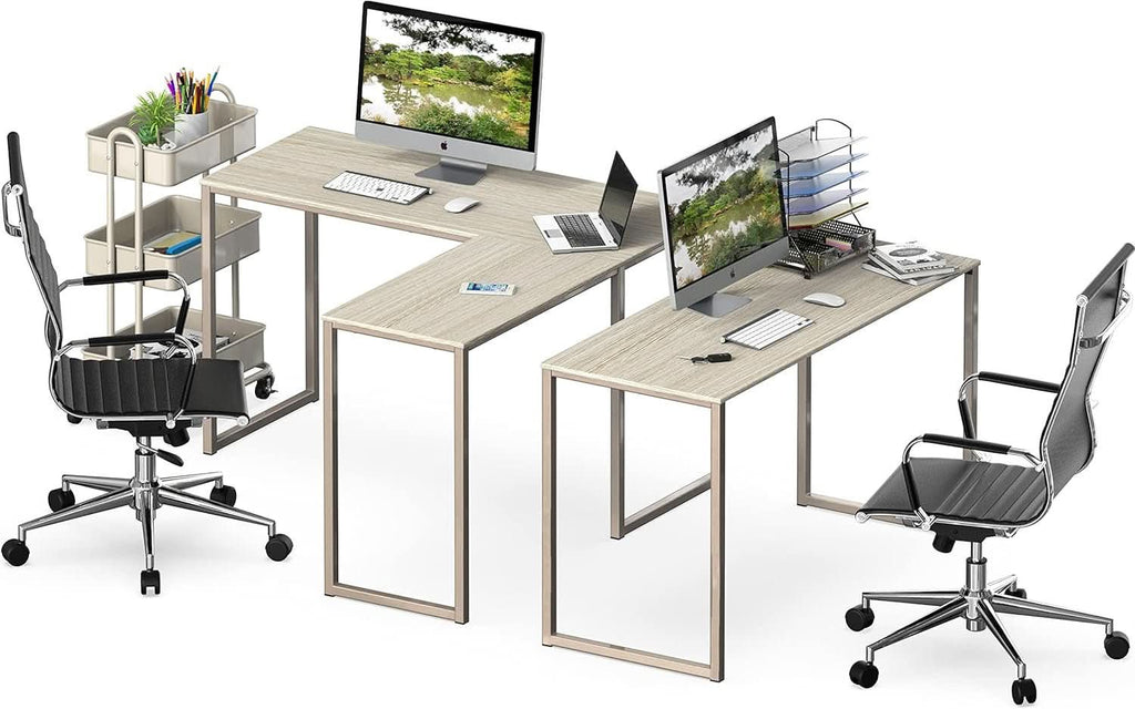 L shaped corner desk with a maple top and champagne steel frame