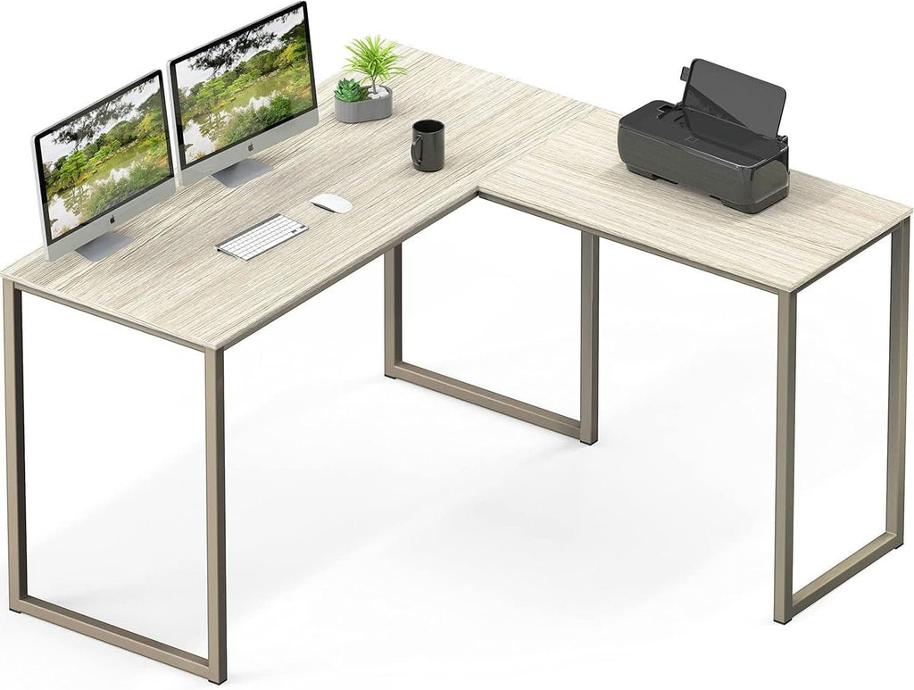 L shaped corner desk with a maple top and champagne steel frame