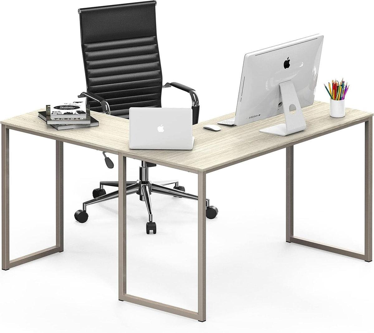 L shaped corner desk with a maple top and champagne steel frame