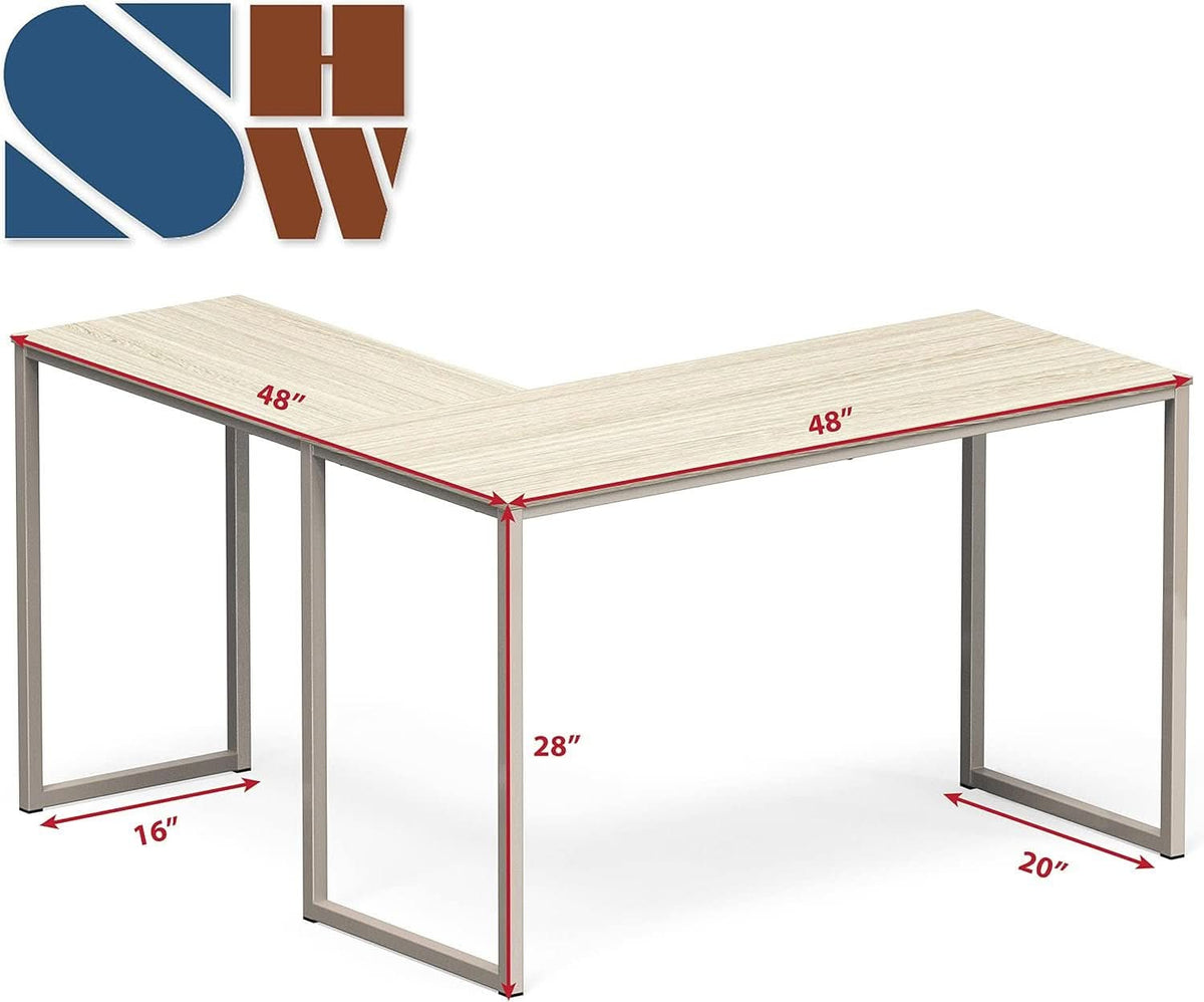 L shaped corner desk with a maple top and champagne steel frame