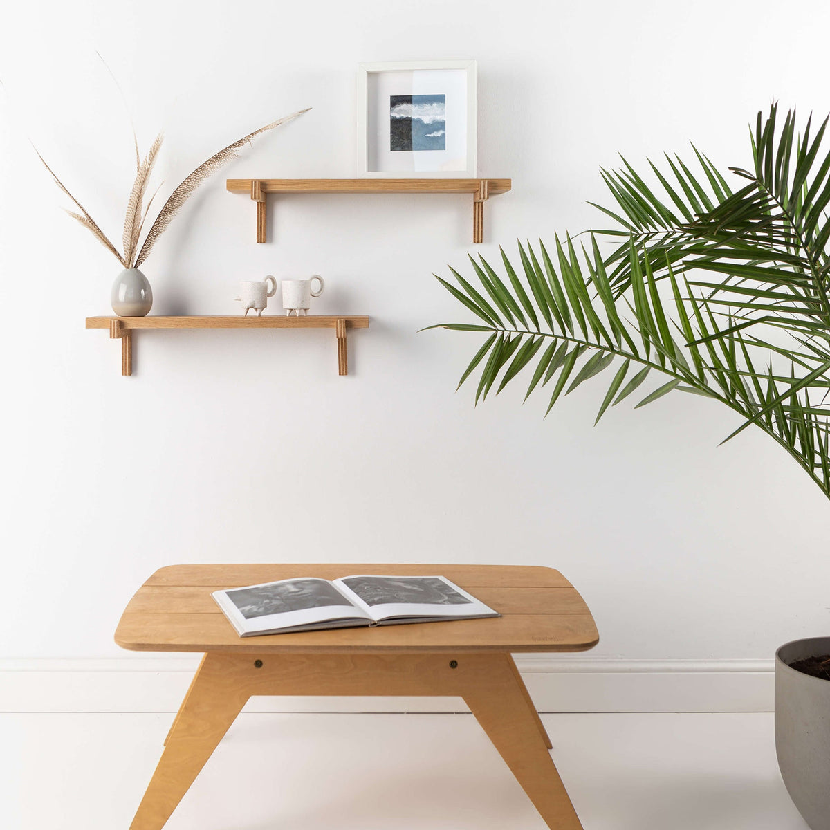 Pair of oak floating wall shelves with holders