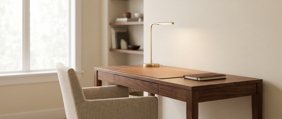 A walnut desk with a leather desk pad and brass lamp in a bright room